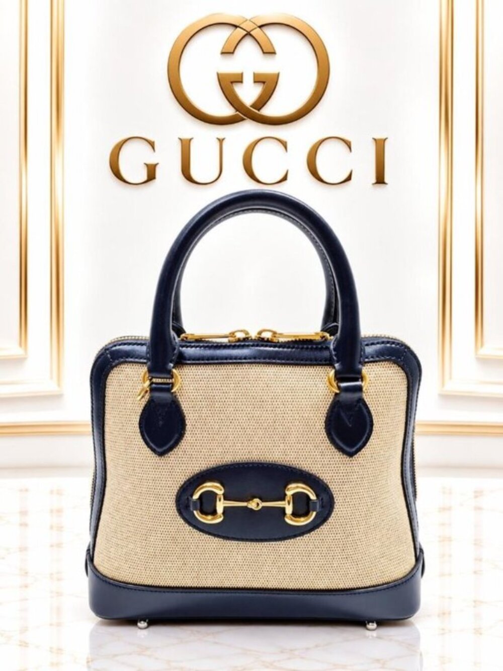 Authentic Gucci Horsebit 1955 Beige Canvas Navy Leather Top Handle Boston Bag